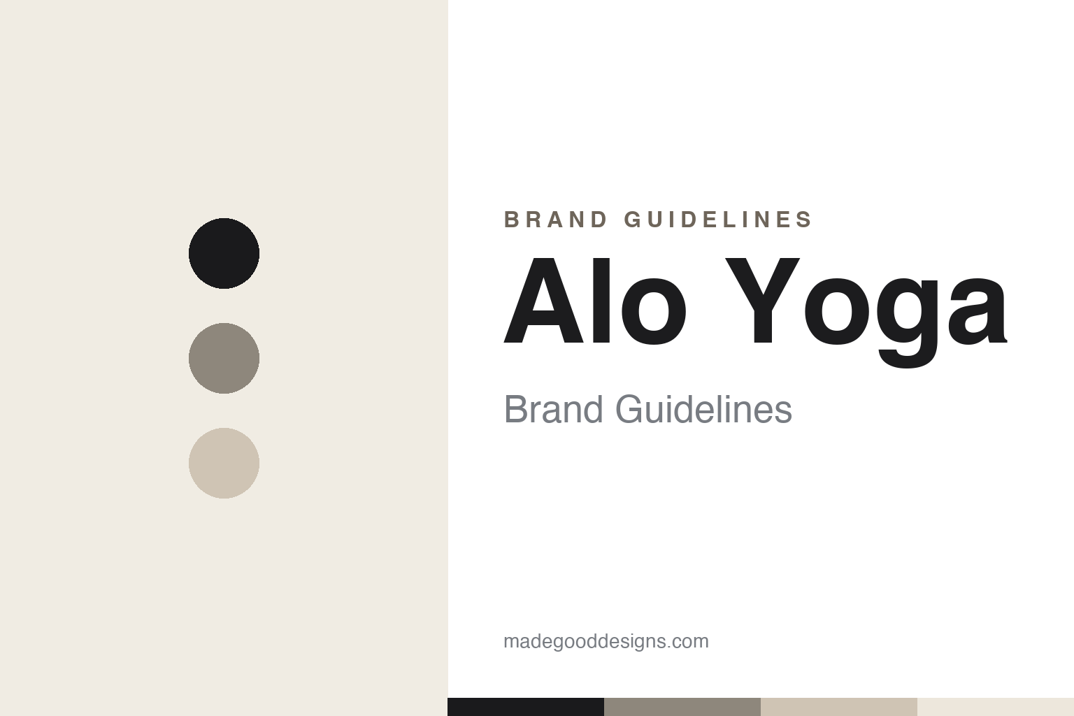 Abstract Alo Yoga brand-guidelines cover — ink, warm-grey and sand palette dots (homage, not the logo)