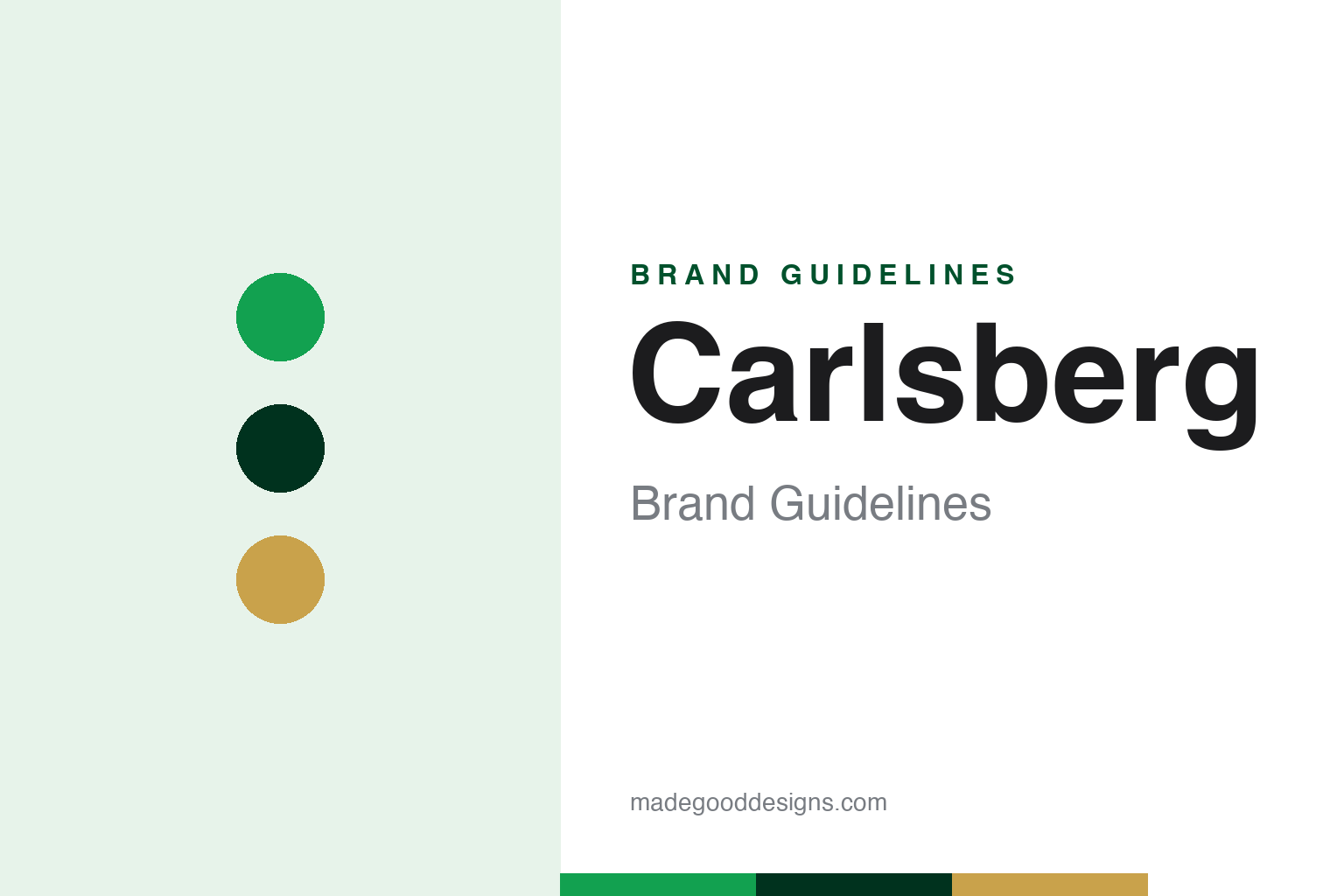 Abstract Carlsberg brand-guidelines cover — green, deep-green and gold palette dots (homage, not the logo)
