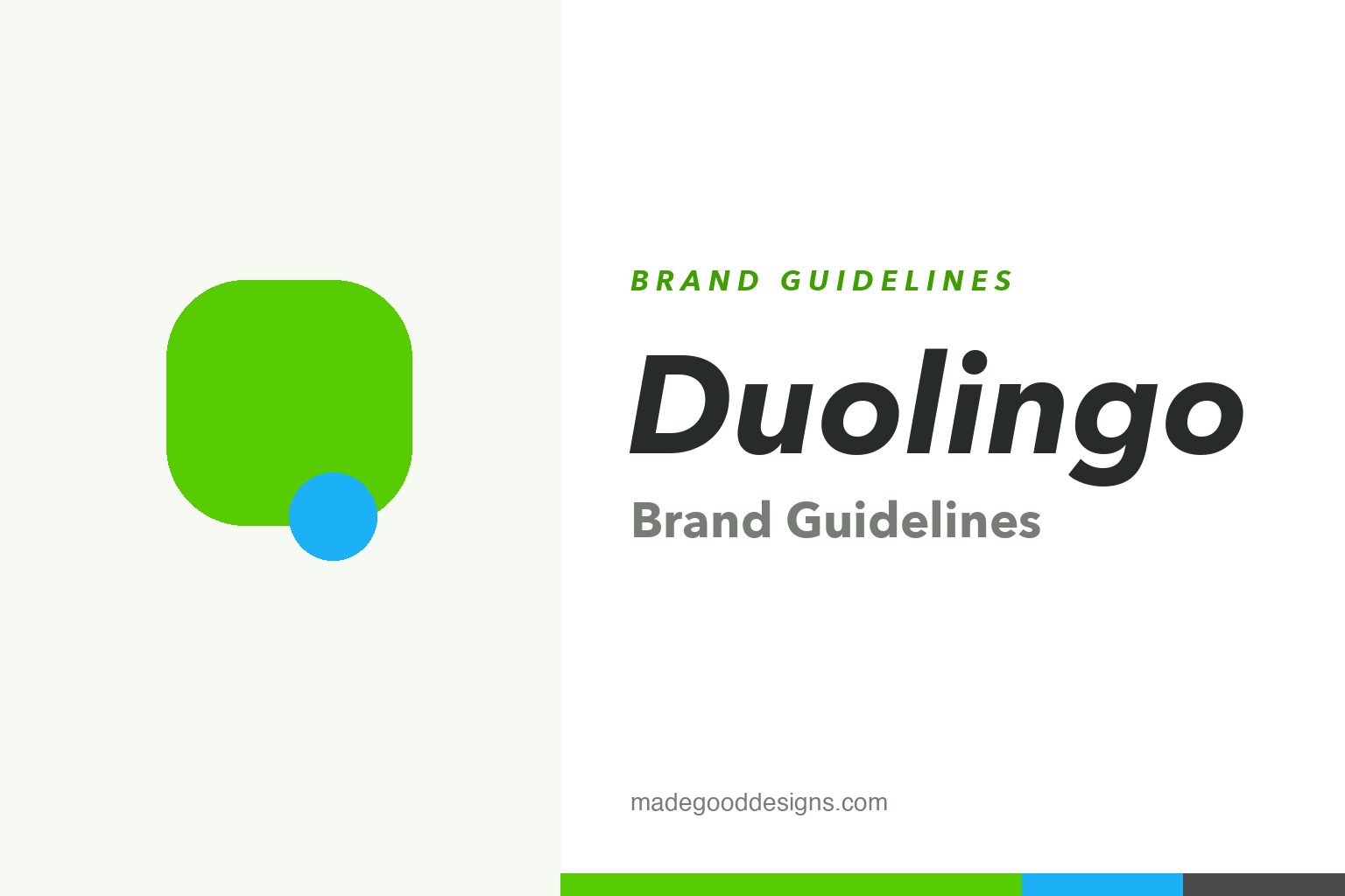 Duolingo brand guidelines cover — an abstract green rounded shape beside Duolingo in a rounded sans