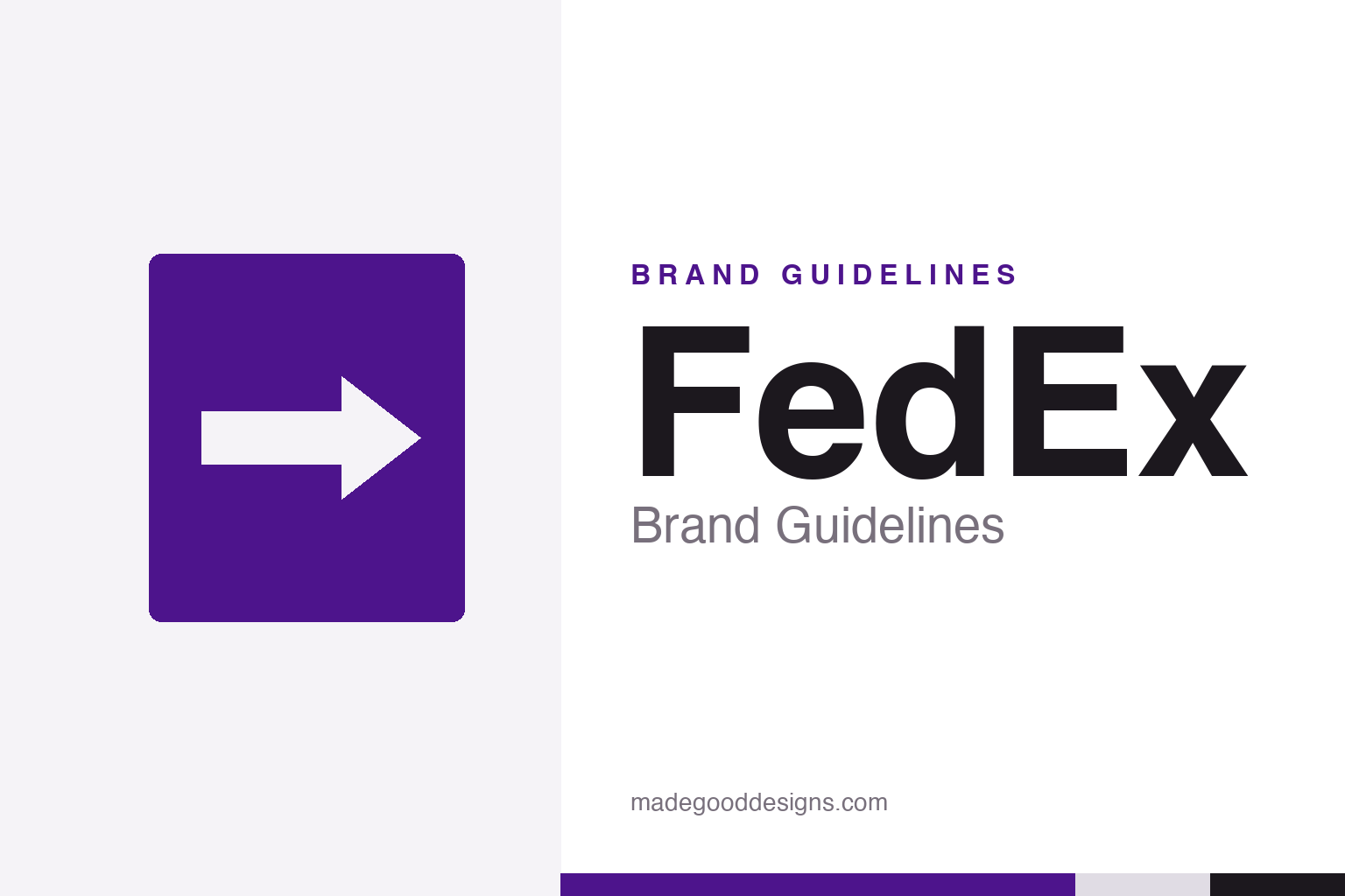 FedEx brand guidelines cover — an abstract white negative-space arrow on a purple block beside FedEx in a bold sans