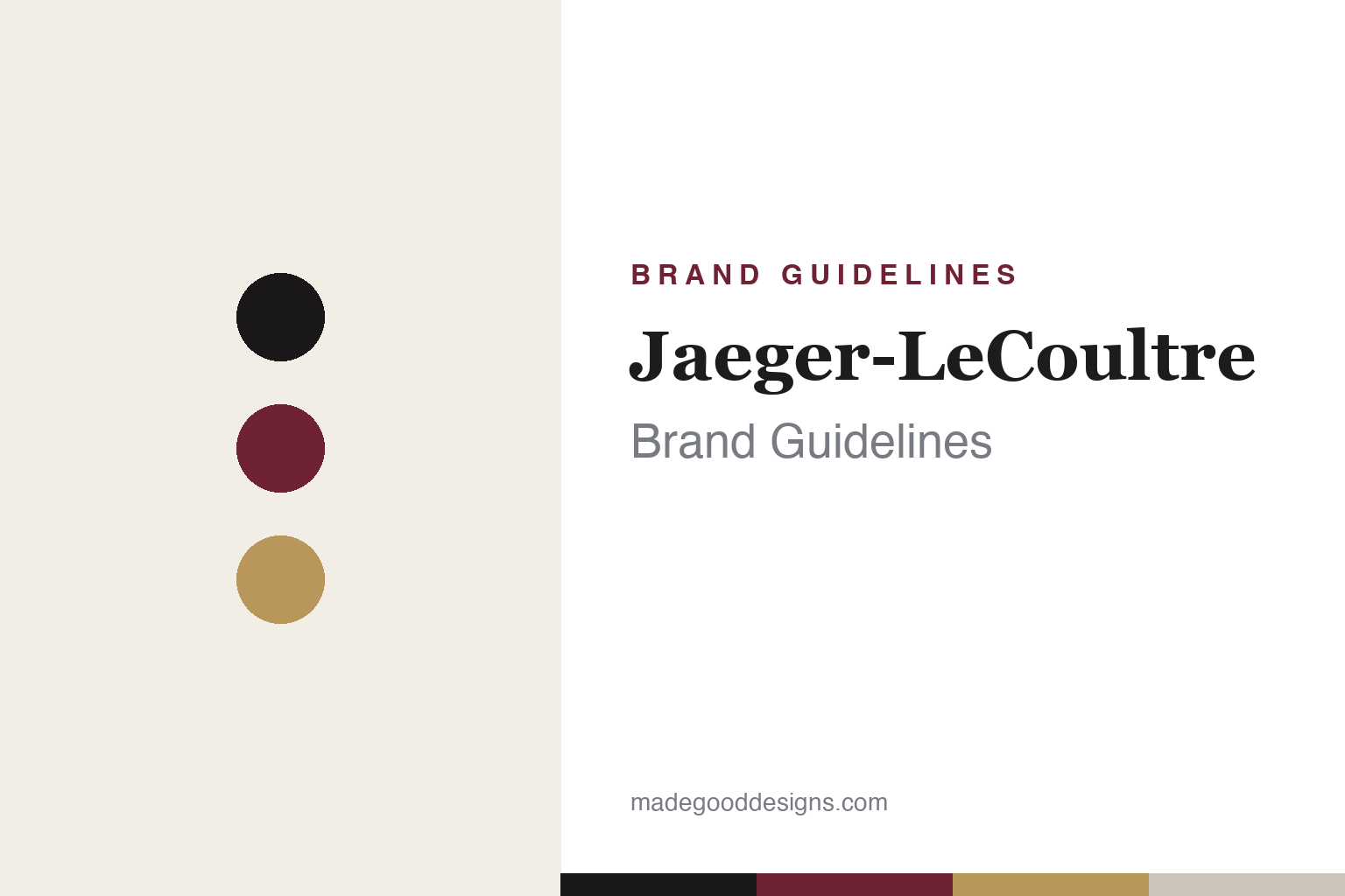 Abstract Jaeger-LeCoultre brand-guidelines cover — ink, burgundy and gold palette dots (homage, not the logo)
