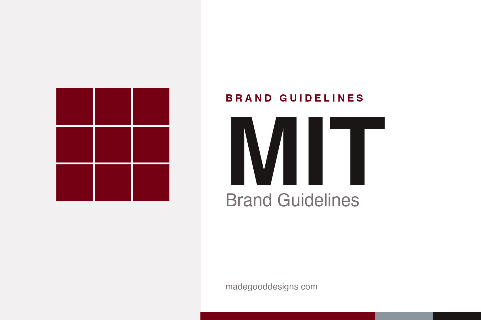 MIT brand guidelines cover — an abstract deep-red modular grid beside MIT set in a bold sans