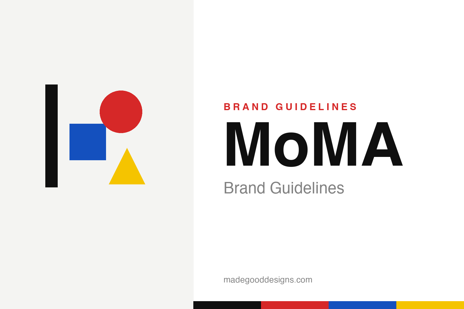 MoMA brand guidelines — an abstract Bauhaus composition, the 1964 logotype redrawn by Matthew Carter in 2004, and the 1929 founding
