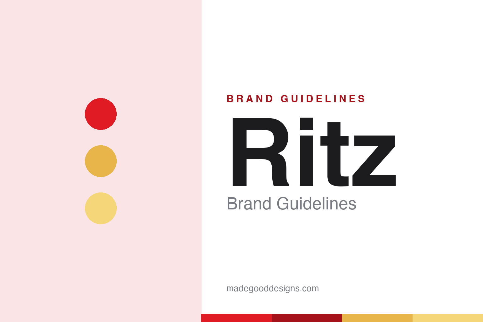 Ritz brand guidelines — abstract red-and-gold homage cover (palette dots and swatches; not the Ritz logo)