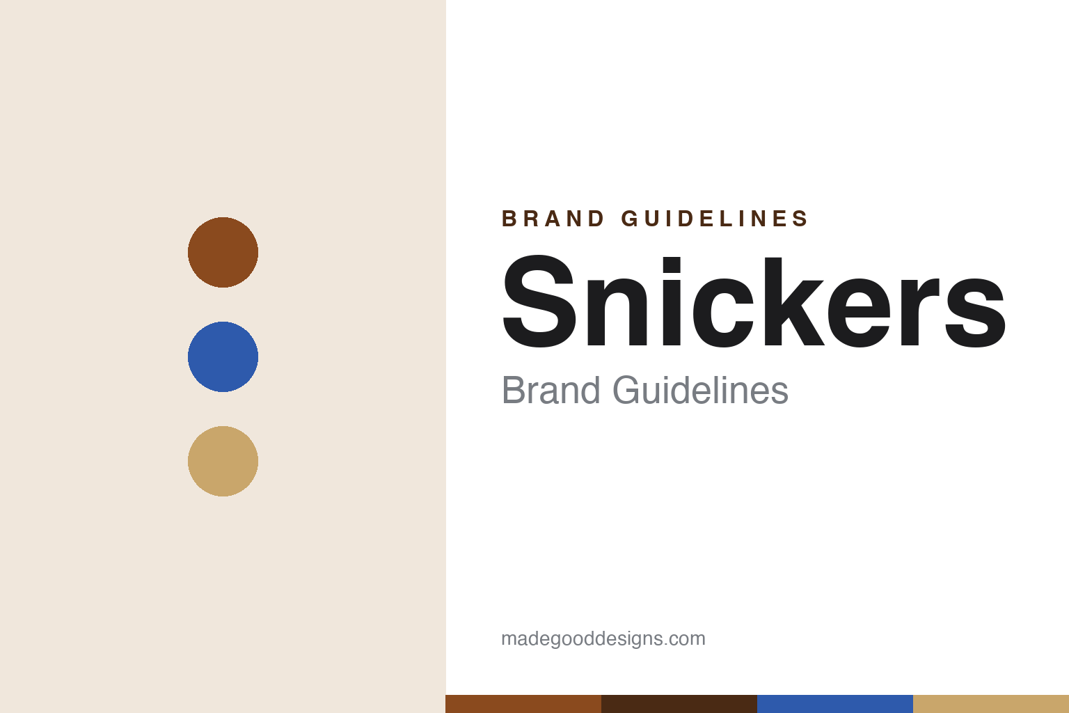 Snickers brand guidelines — brown-and-blue chocolate-bar homage