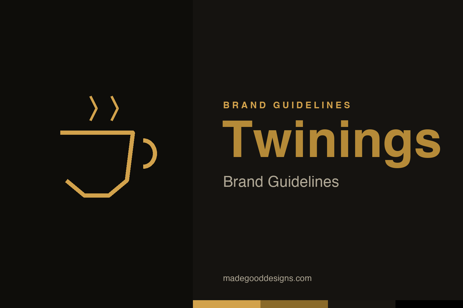 Abstract gold teacup homage for a Twinings brand guidelines field guide on black