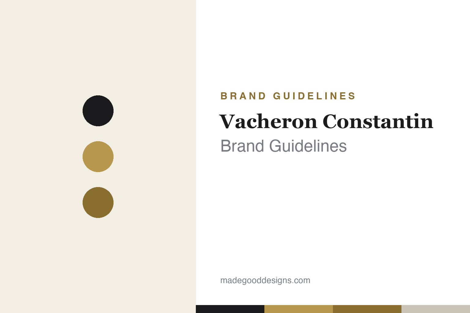 Abstract Vacheron Constantin brand-guidelines cover — ink, gold and deep-gold palette dots (homage, not the logo)