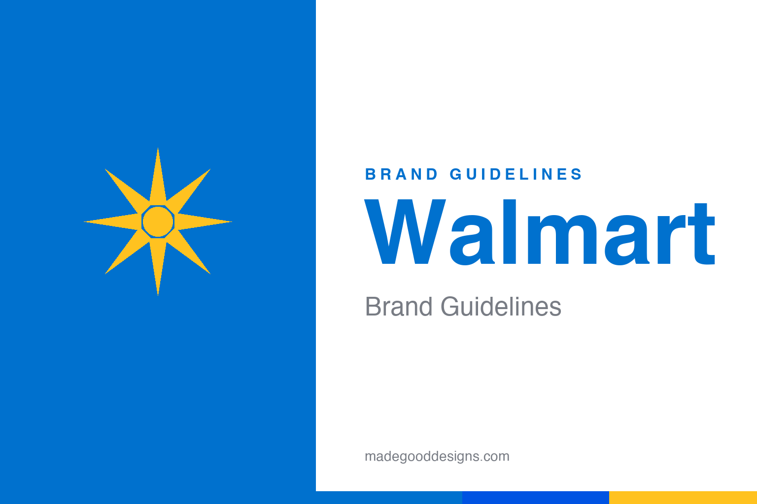 Walmart brand guidelines — the 2008 Lippincott spark logo, Walmart Blue #0071CE and Spark Yellow #FFC220, and the Bogle typeface