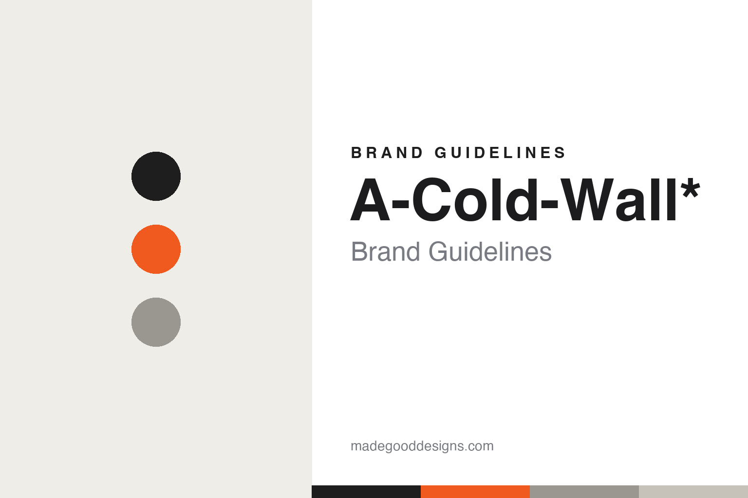 A-Cold-Wall brand guidelines cover — ink, hi-vis orange and cement-grey discs (abstract homage)
