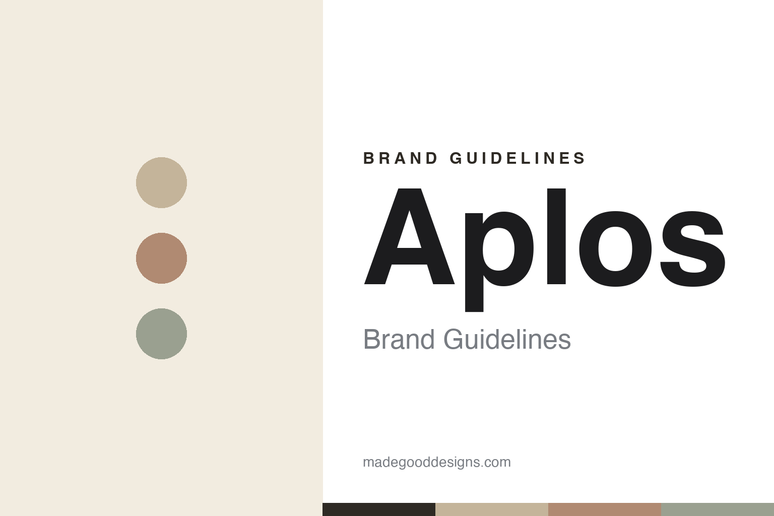 Aplos brand guidelines cover — warm sand, clay and sage-grey discs (abstract homage)