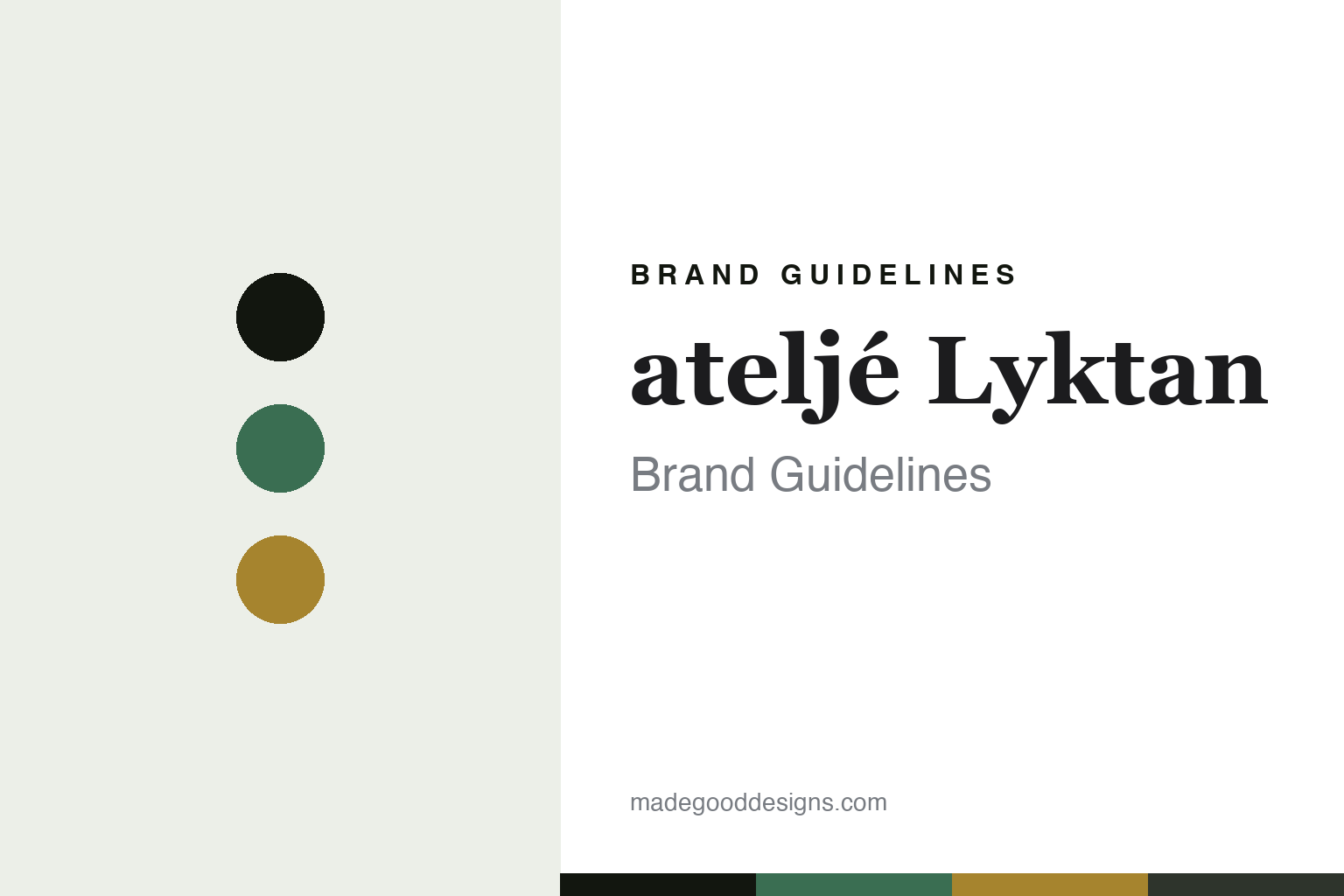 atelje Lyktan brand guidelines — abstract racing-green-and-brass homage cover (colour discs and texture; not an atelje Lyktan asset)