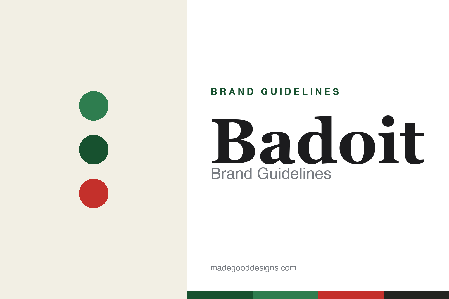 Abstract green-and-red palette homage for the Badoit brand guidelines (not the Badoit bottle or logo)