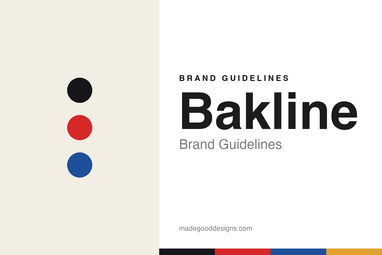 Bakline brand guidelines cover — abstract city colour discs (ink, marathon red, city blue), not the Bakline logo