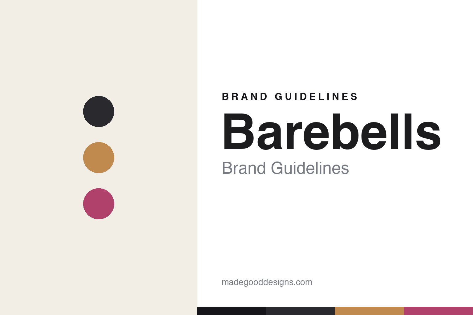 Abstract homage cover for Barebells brand guidelines — charcoal, caramel and berry discs