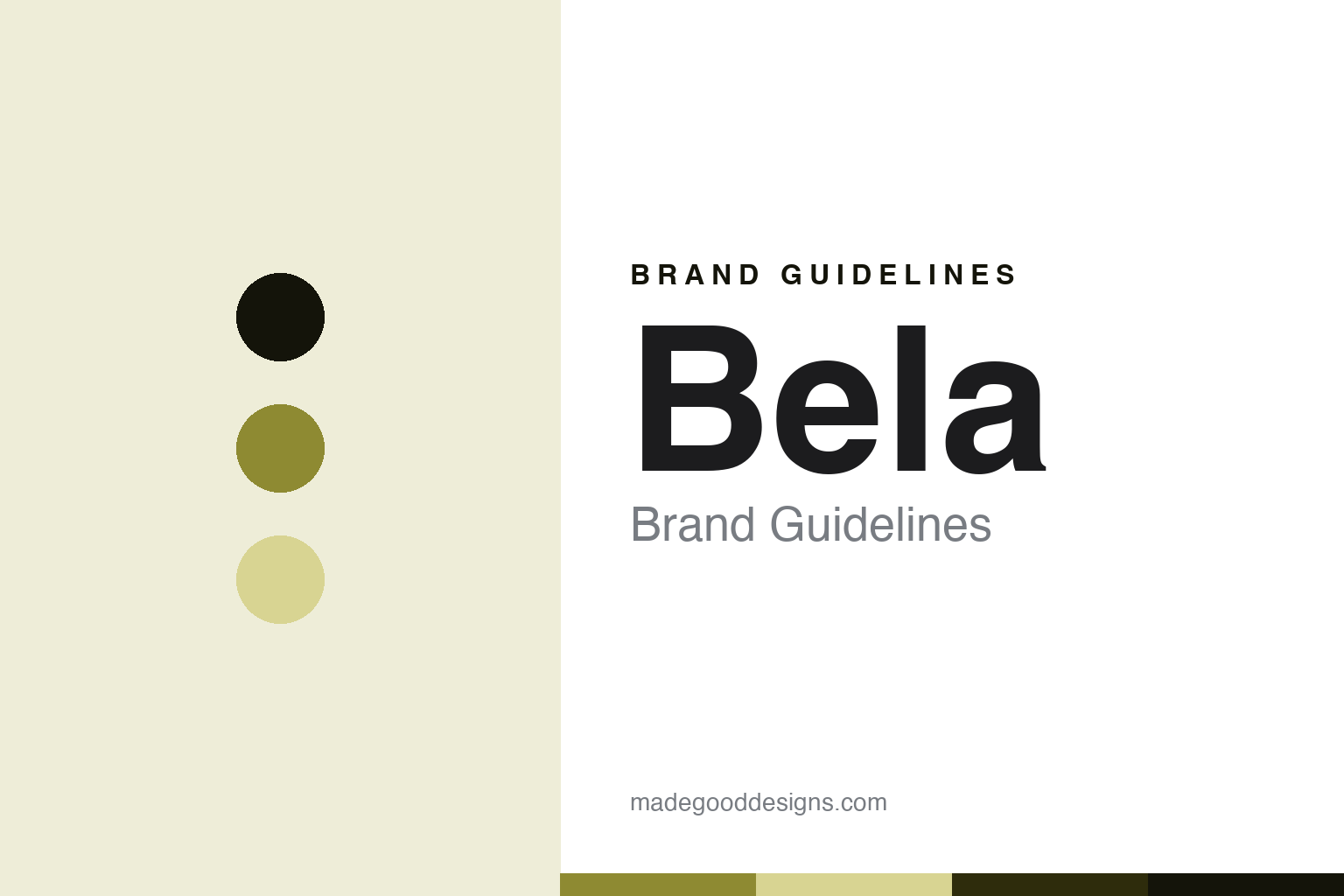 Bela brand guidelines — abstract olive-gold-and-tin colour discs homage (not a Bela product or logo)