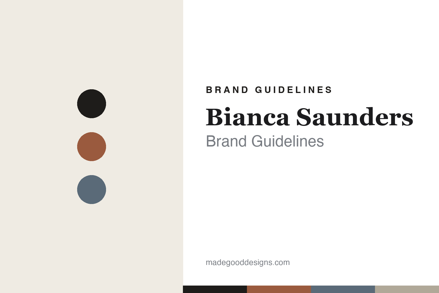 Bianca Saunders brand guidelines cover — abstract refined colour discs (ink, clay, slate), not the Bianca Saunders logo
