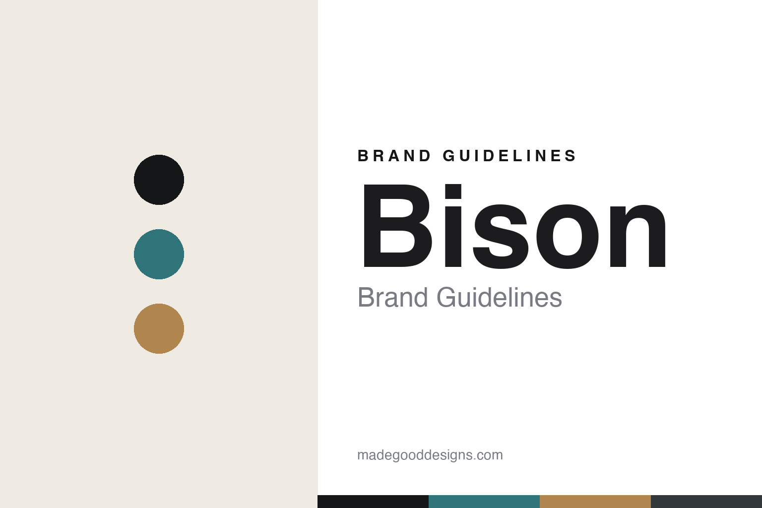 Abstract brand-guideline cover for Bison — teal, ink and ochre colour discs with a palette band (unofficial homage; no logo or piece reproduced).