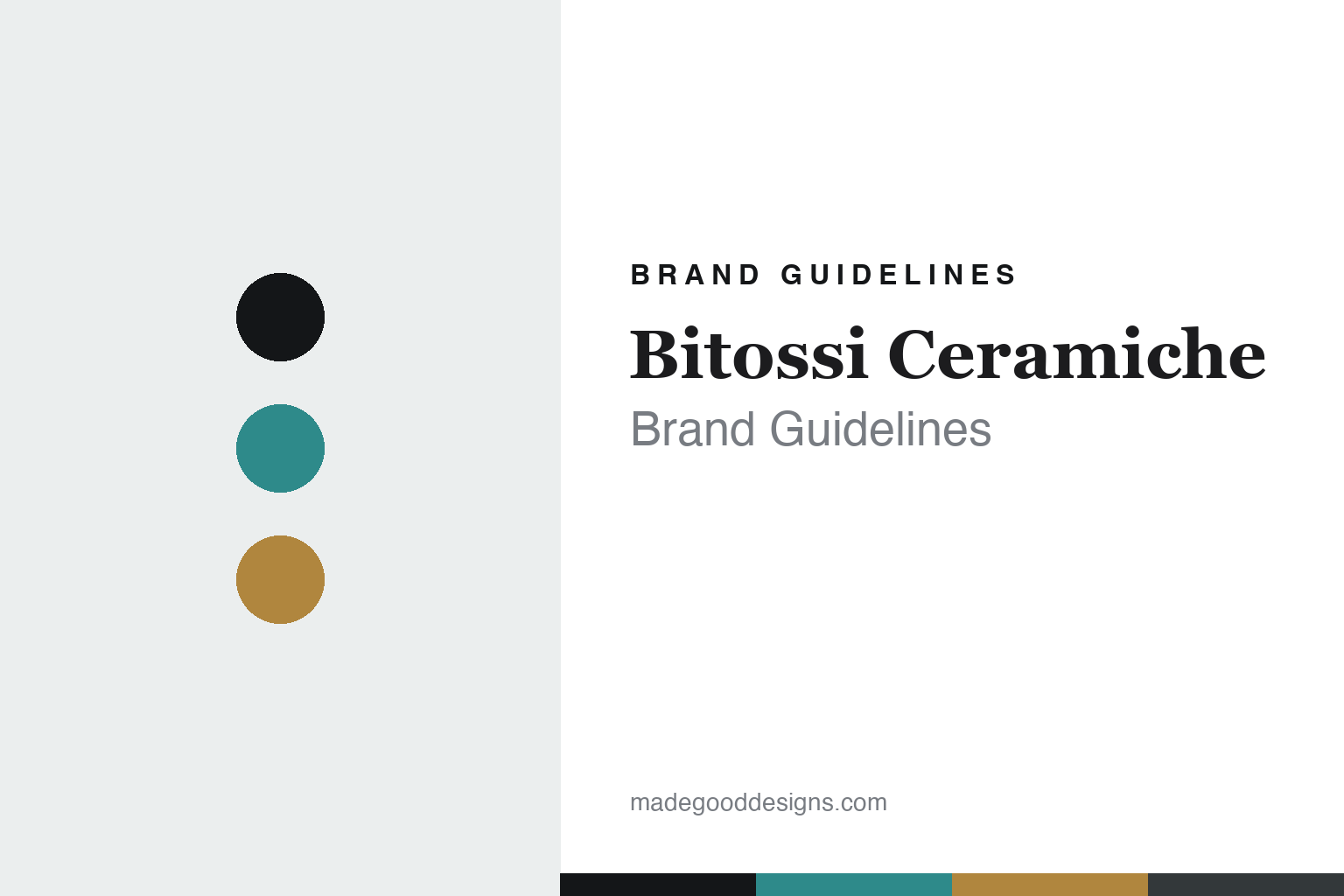 Abstract brand-guideline cover for Bitossi Ceramiche — turquoise, ink and ochre colour discs with a palette band (unofficial homage; no logo or pattern reproduced).