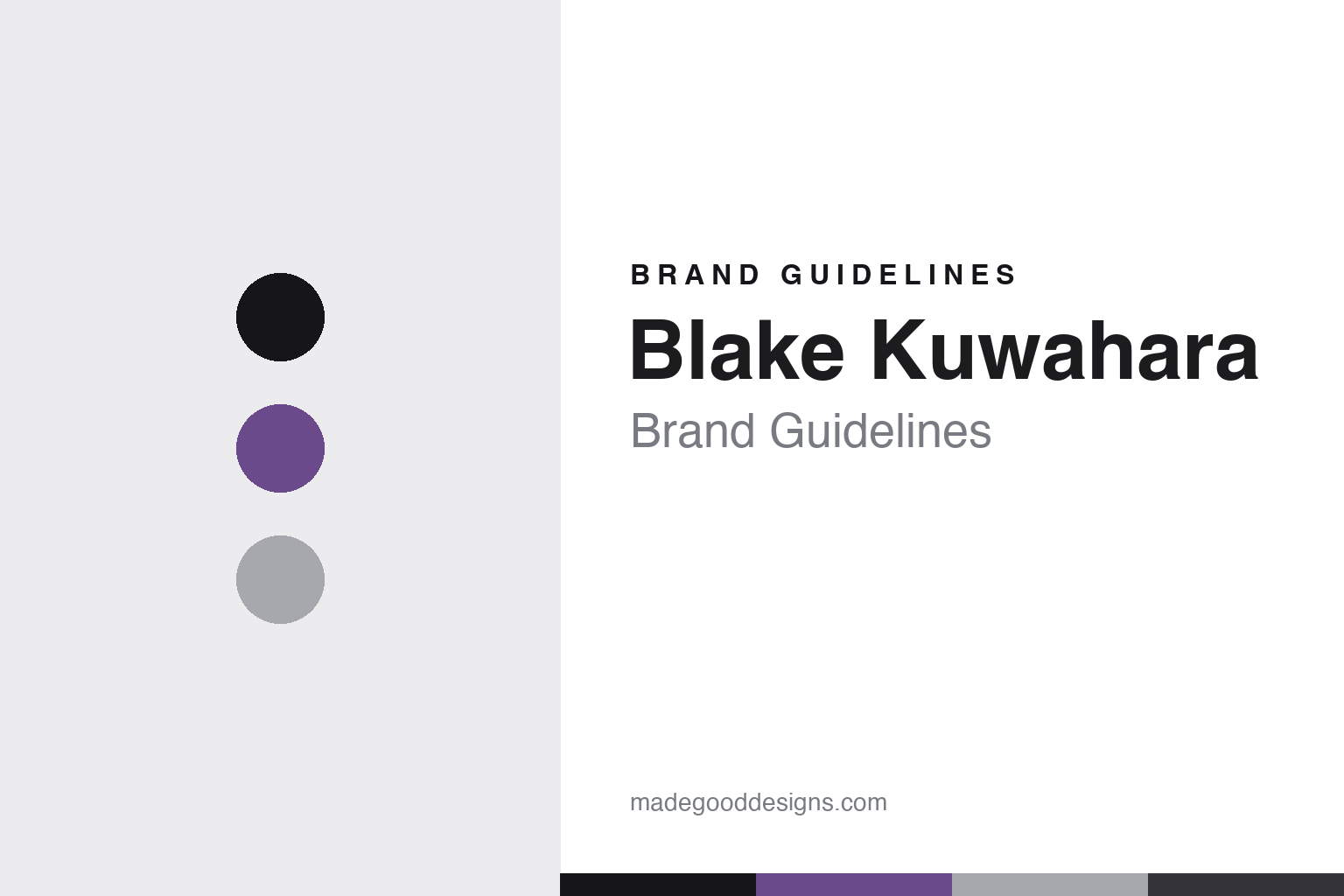 Abstract brand-guideline cover for Blake Kuwahara — violet, ink and crystal colour discs with a palette band (unofficial homage; no logo or frame reproduced).