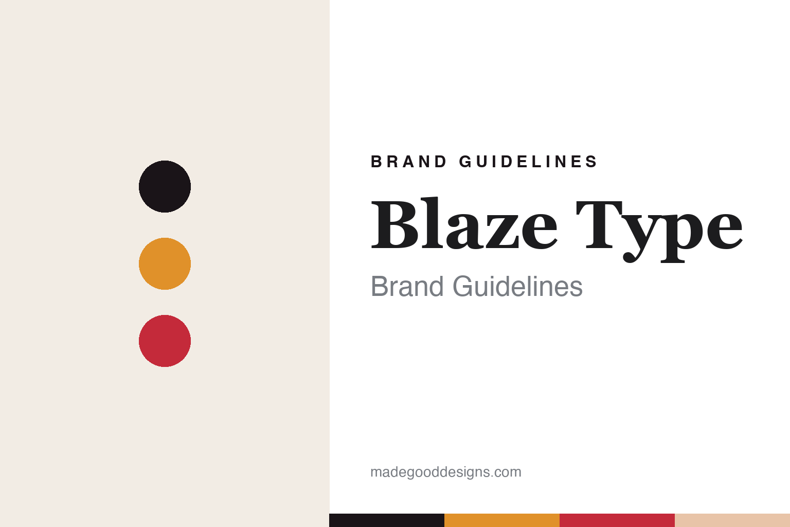 Blaze Type brand guidelines cover — ink, amber and crimson discs (abstract homage)