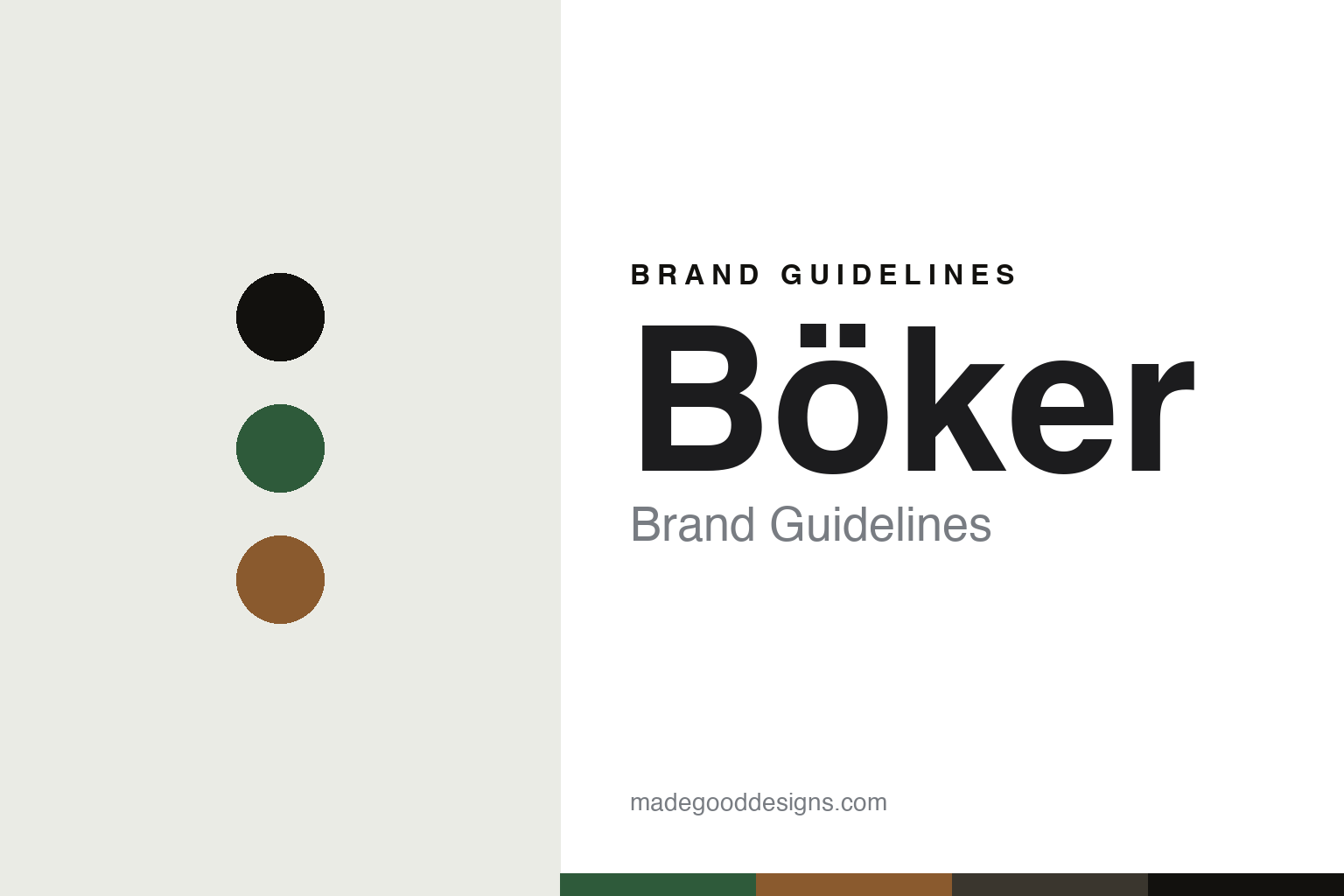 Abstract tree-green and chestnut cover for a Böker brand guidelines design article (colour discs, not a knife)