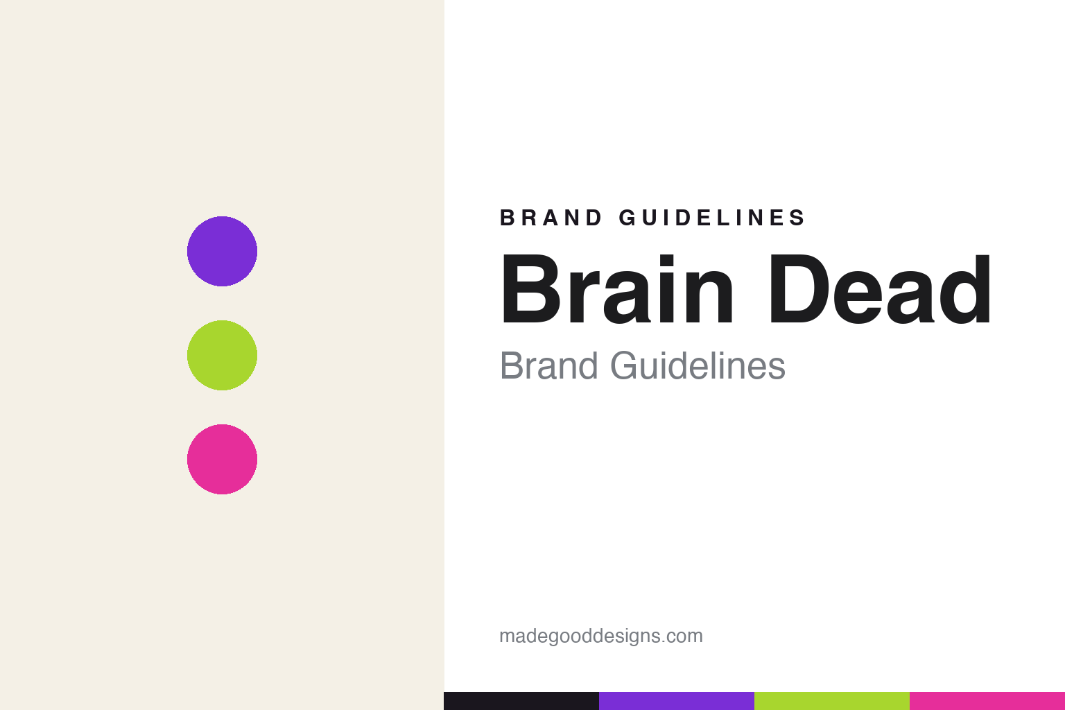 Brain Dead brand guidelines cover — purple, acid-green and hot-pink discs (abstract homage)