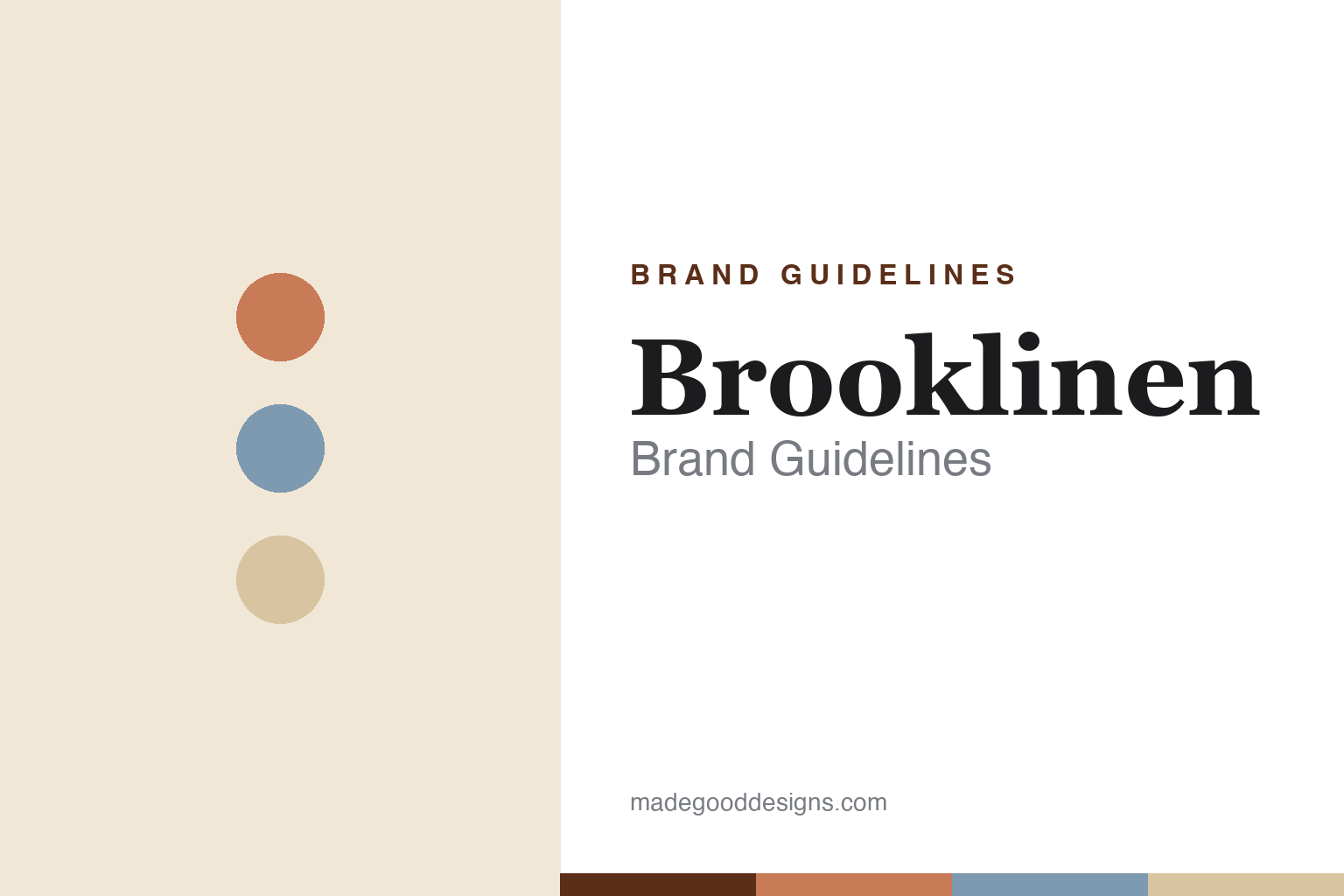 Abstract homage cover for Brooklinen brand guidelines — terracotta, dusty-blue and sand discs