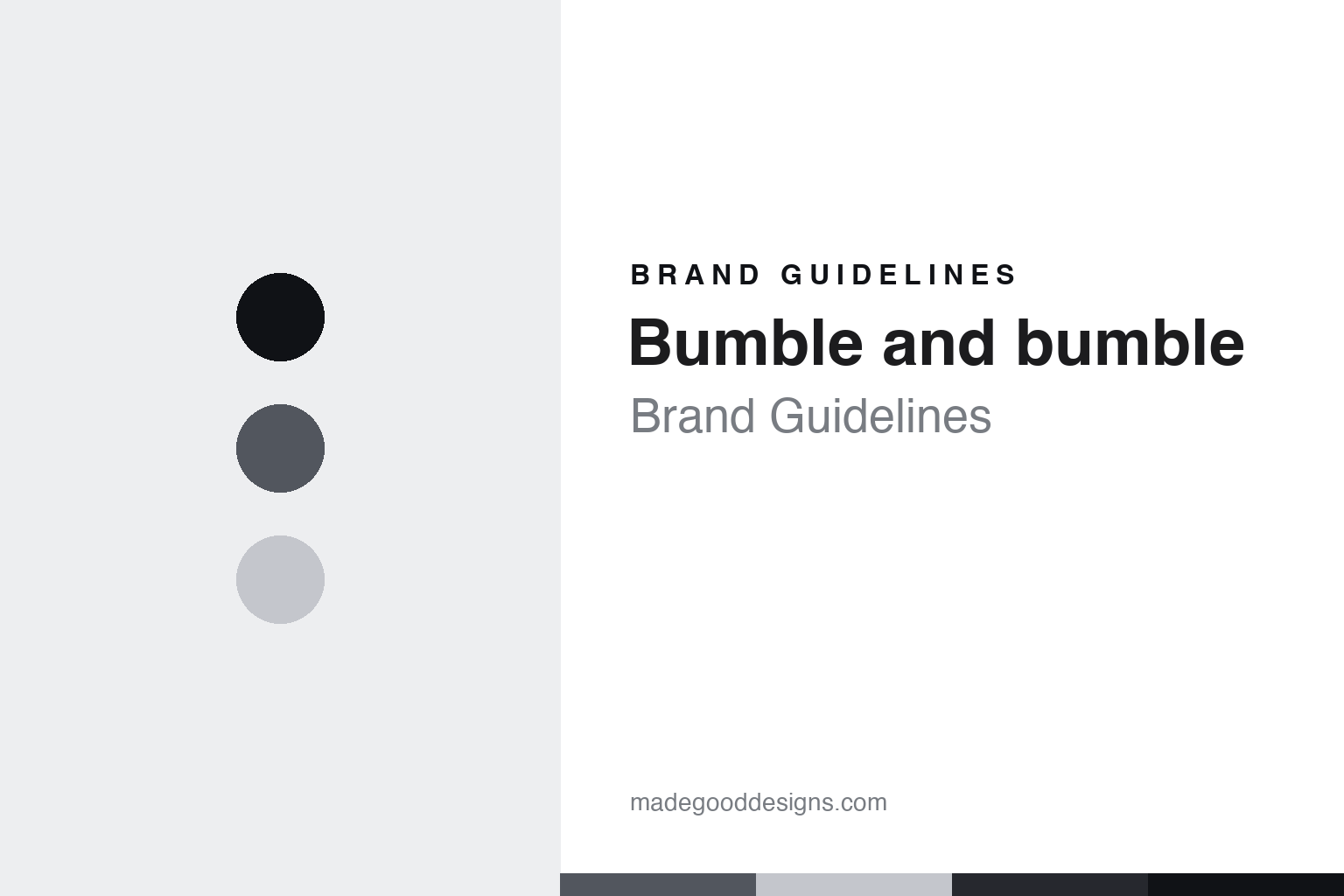 Bumble and bumble brand guidelines cover - graphite discs and spray-and-oil texture, abstract homage