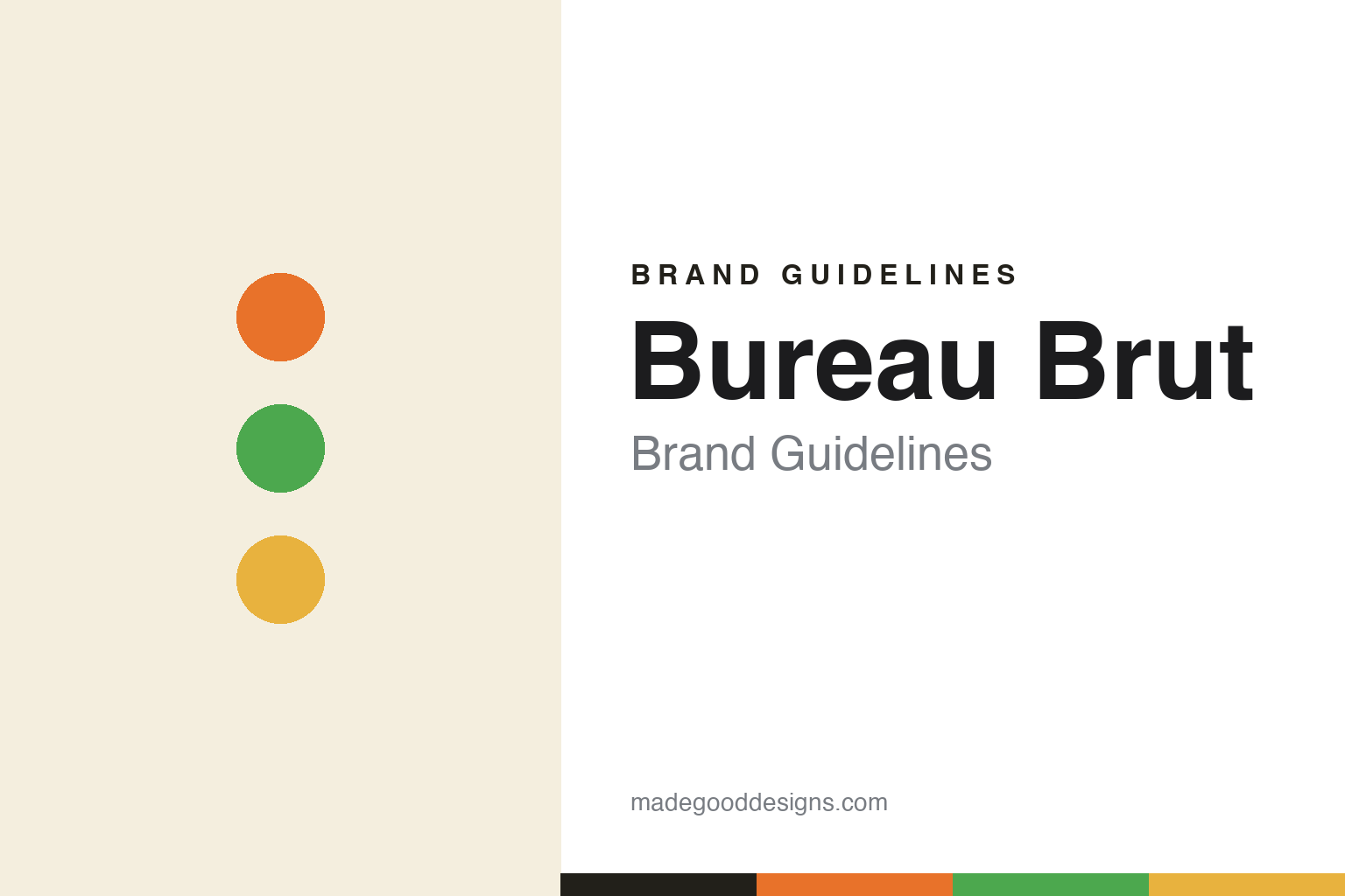 Bureau Brut brand guidelines cover — orange, green and ochre discs (abstract homage)