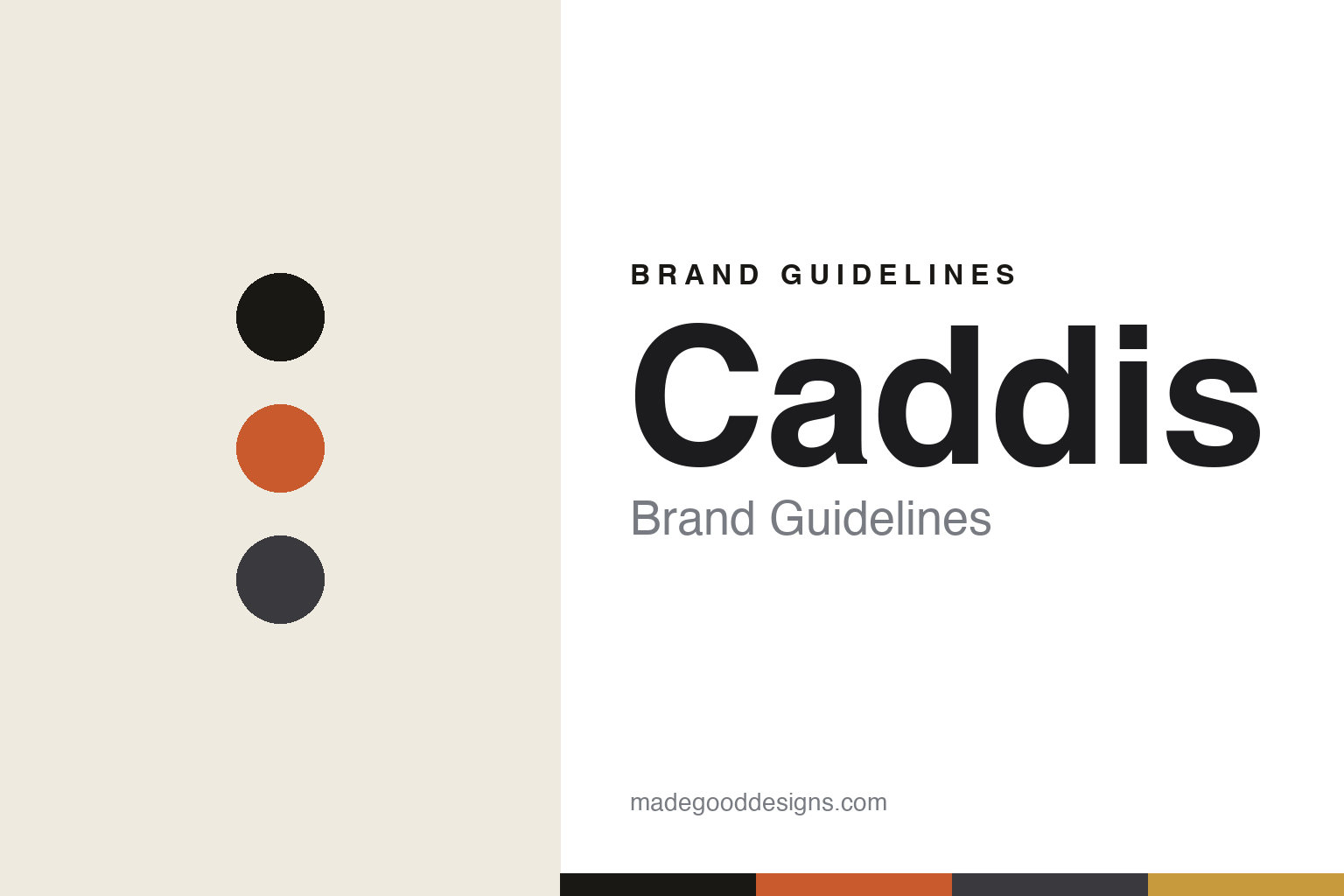 Caddis brand guidelines — abstract colour-disc homage (rust and charcoal), not the Caddis identity