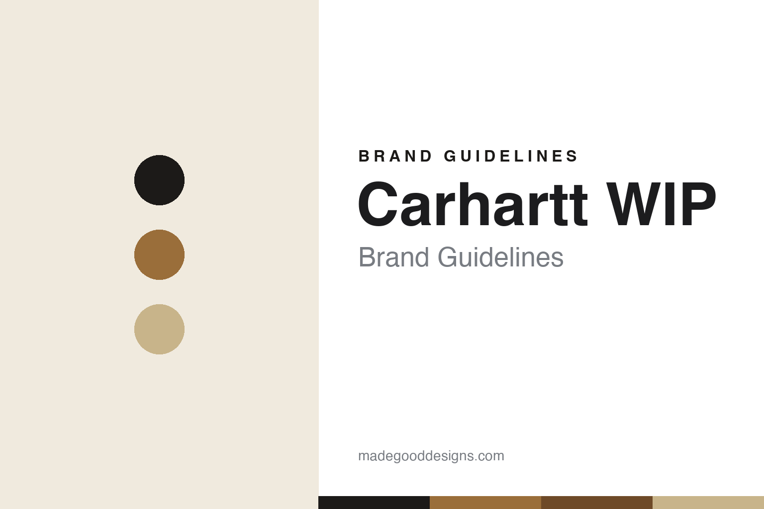 Carhartt WIP brand guidelines cover — black, duck-brown and hickory-tan discs (abstract homage)