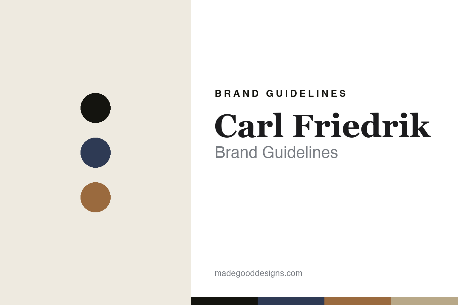 Carl Friedrik brand guidelines — abstract navy-and-cognac colour-disc homage cover; no logo reproduced.