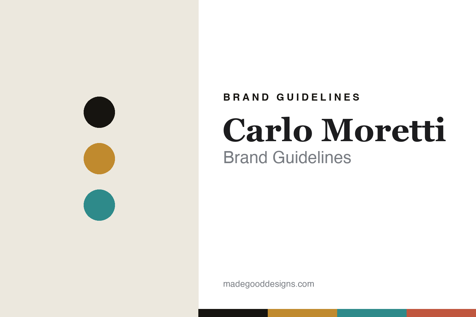 Carlo Moretti brand guidelines — abstract amber-and-aqua colour-disc homage cover; no logo reproduced.