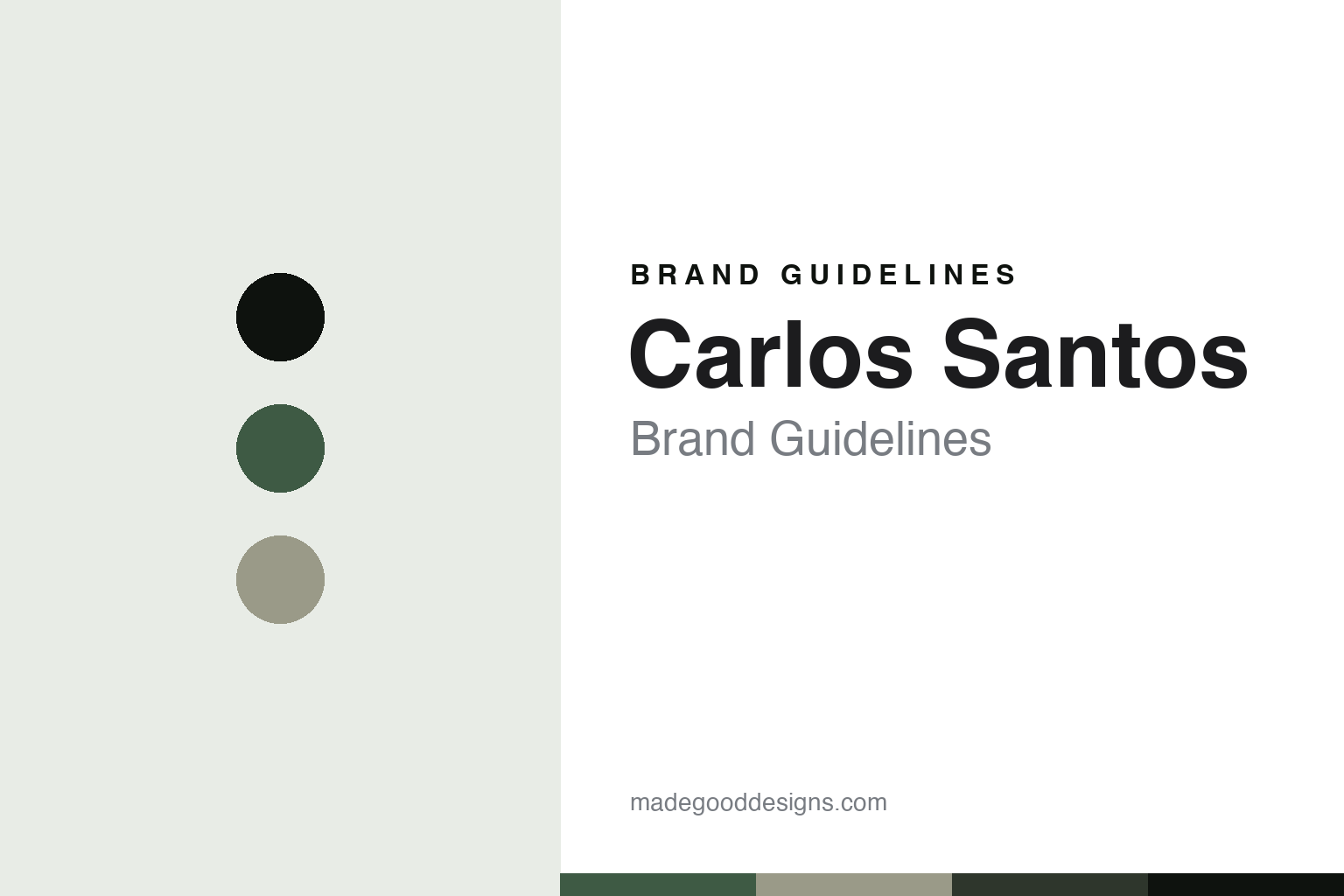 Abstract brand-guidelines cover for Carlos Santos — patina-green colour discs and leather-texture swatches (original homage; not a Carlos Santos shoe, patina or logo).