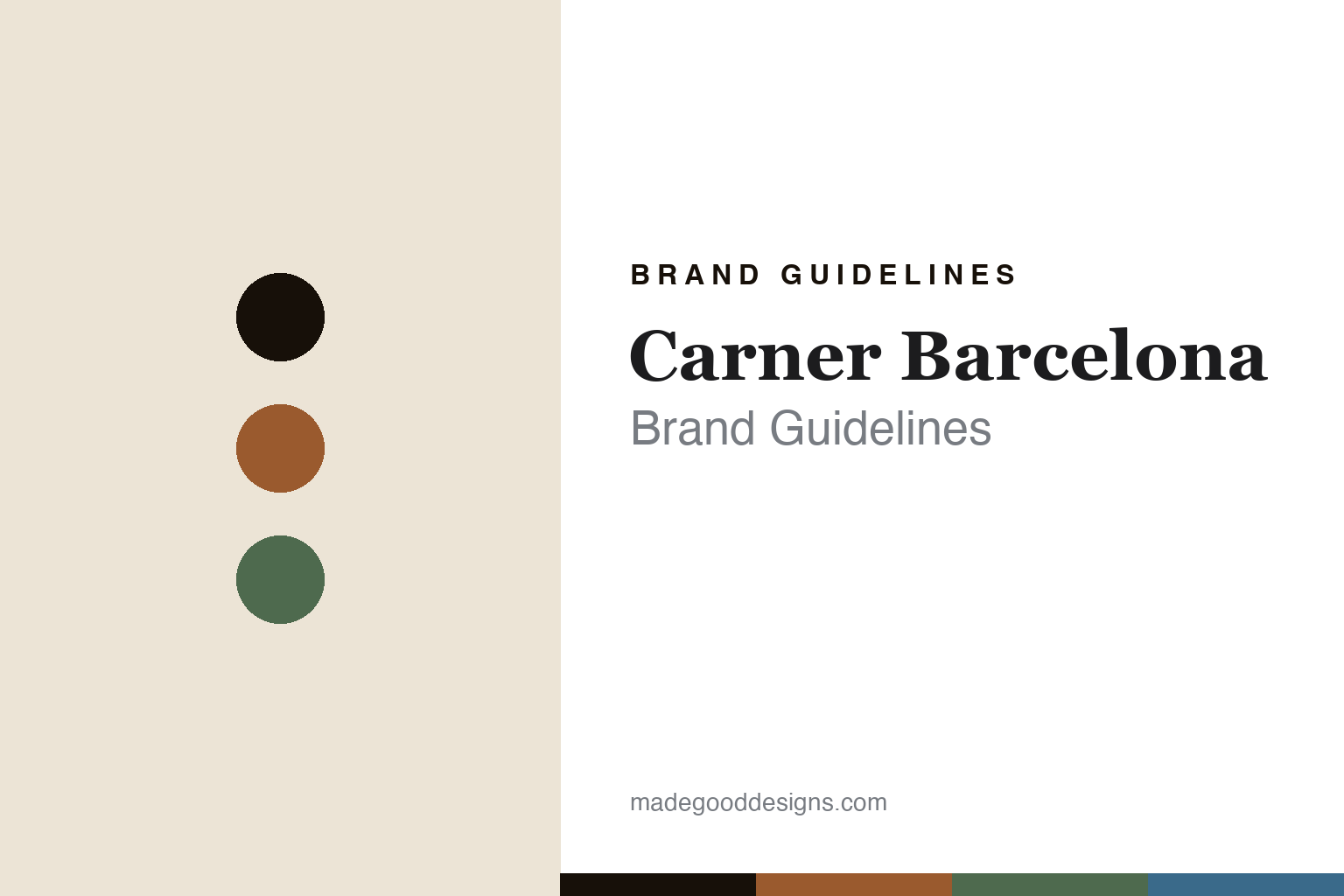 Abstract homage cover for Carner Barcelona brand guidelines — colour discs and swatches, not a Carner Barcelona asset