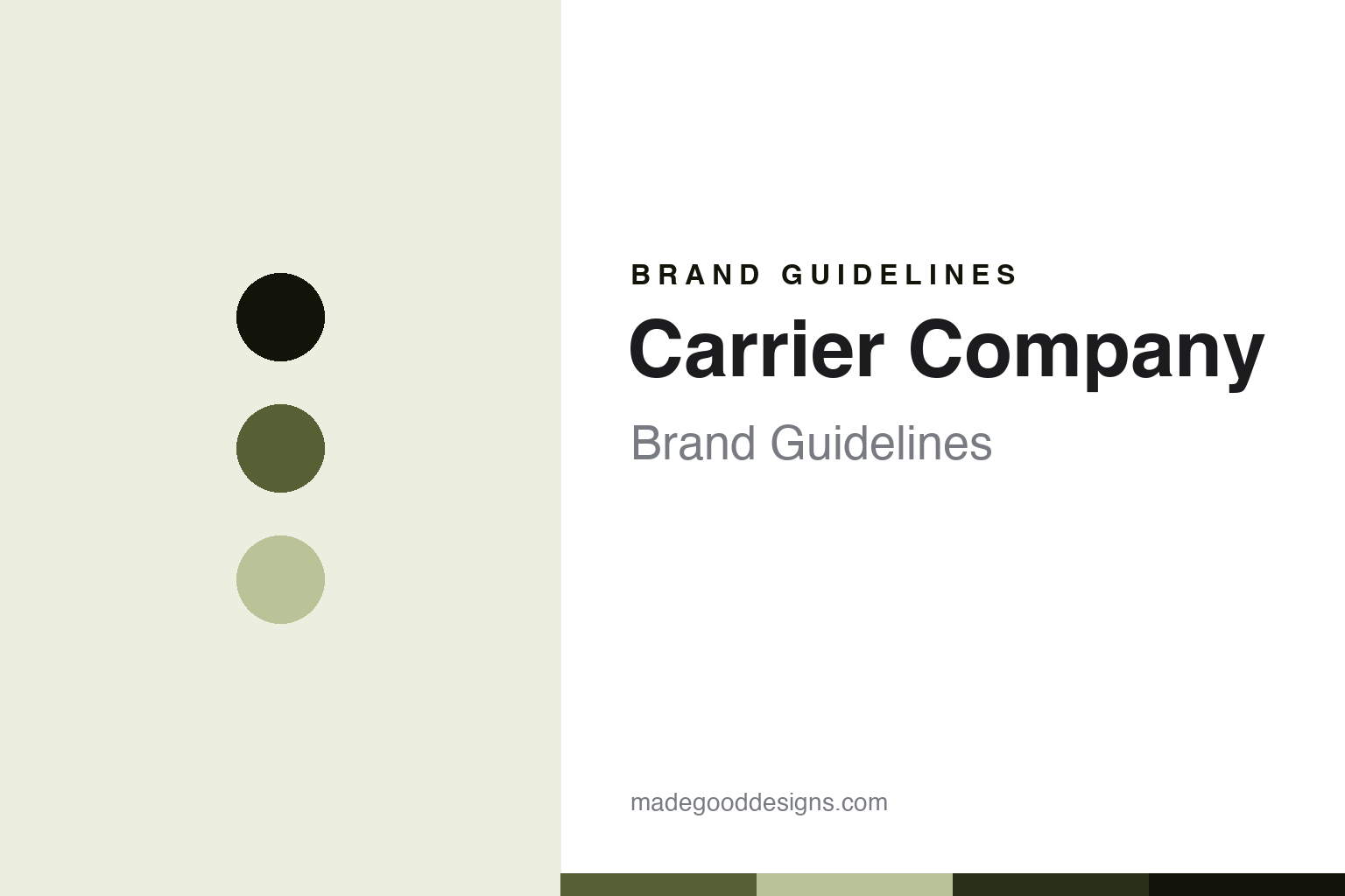 Carrier Company brand-guidelines cover — abstract country-olive and sage colour discs on paper (original homage, no logo or garment).