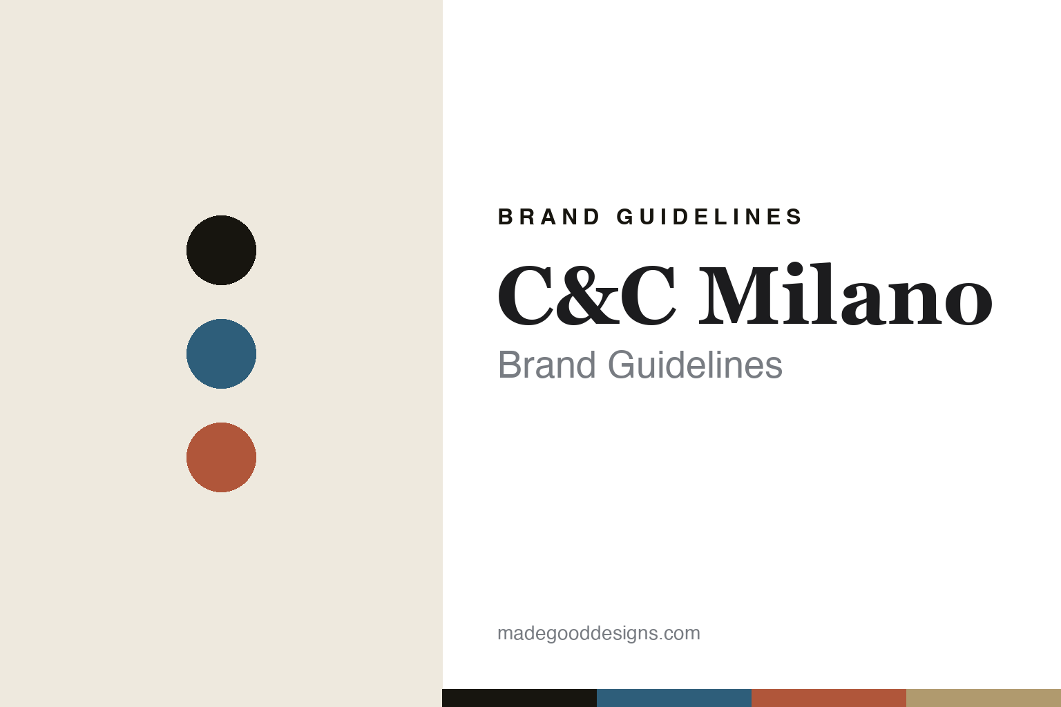 C&C Milano brand guidelines cover — sea-blue-and-flax palette with abstract colour-disc homage (not the C&C Milano stripes)