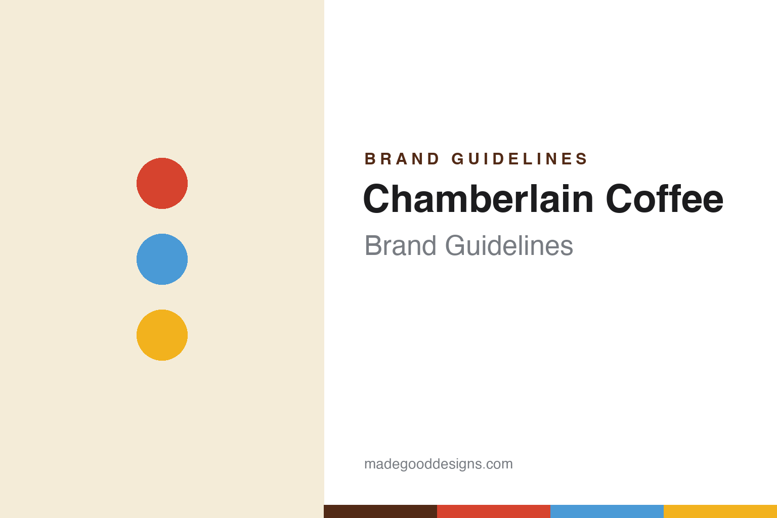 Abstract homage cover for Chamberlain Coffee brand guidelines — warm-red, sky-blue and yellow discs