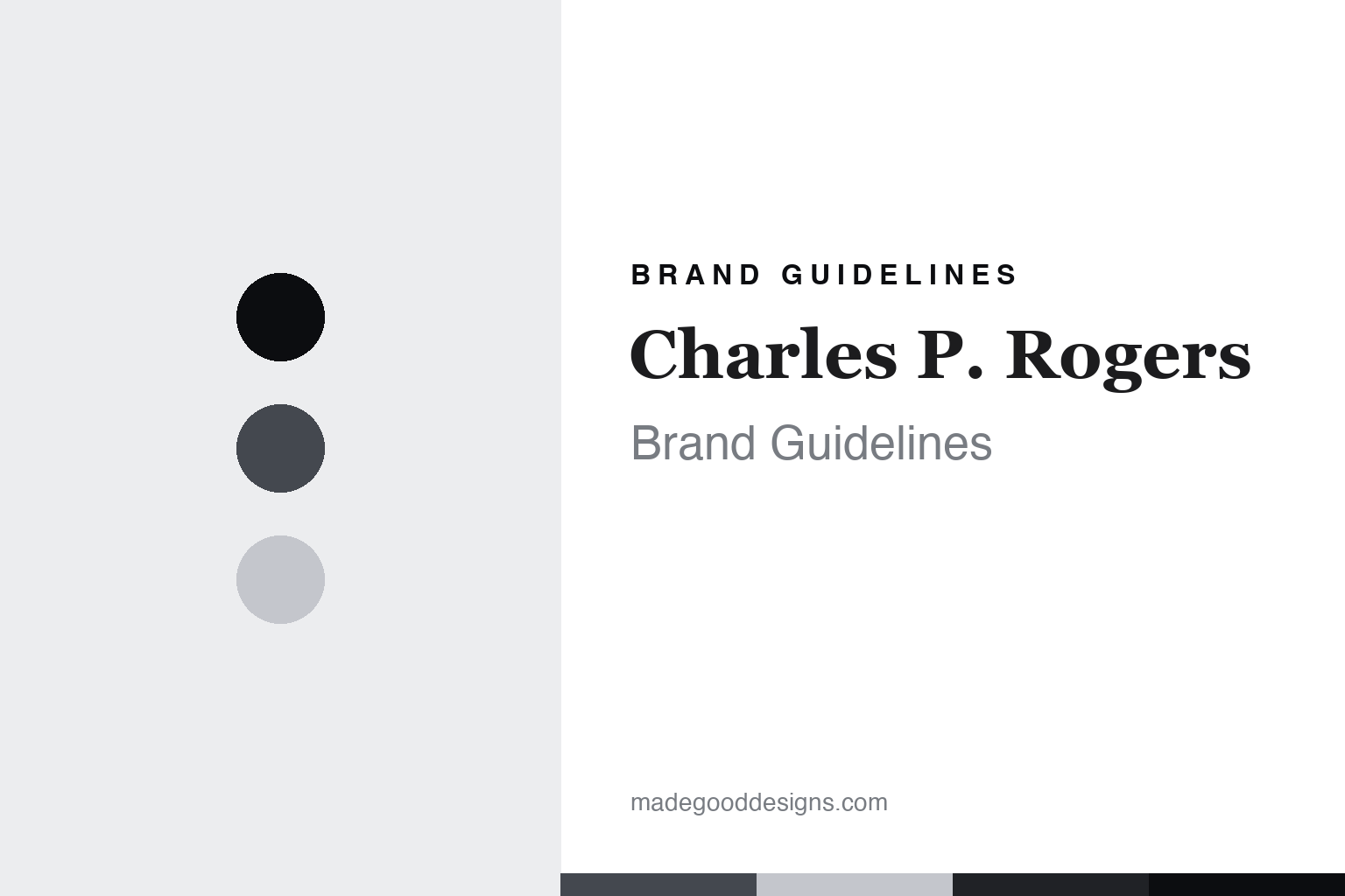 Charles P Rogers brand guidelines cover - abstract iron charcoal discs and iron-and-brass texture homage, no bed or logo