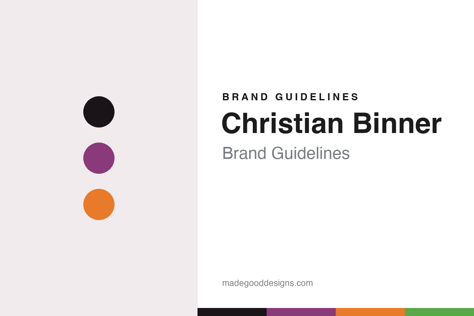 Christian Binner brand guidelines — abstract colour-disc homage cover in purple and orange