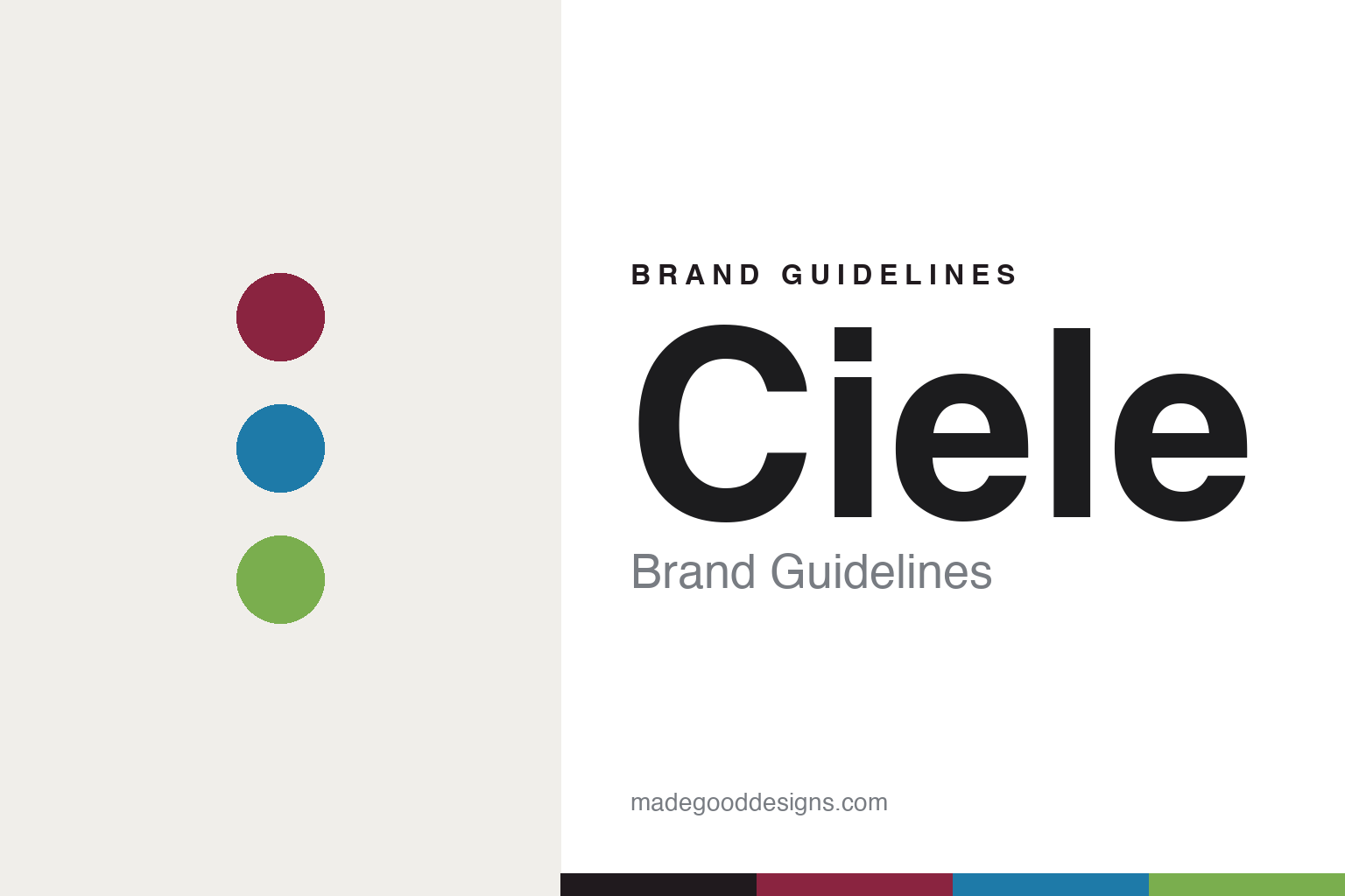 Ciele Athletics brand guidelines cover — abstract bold colour discs (burgundy, ocean, light moss), not the Ciele logo