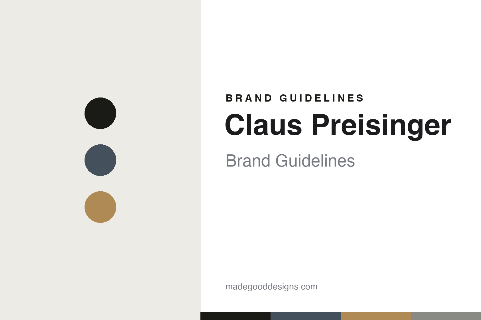 Claus Preisinger brand guidelines — abstract colour-disc homage cover in slate and larch