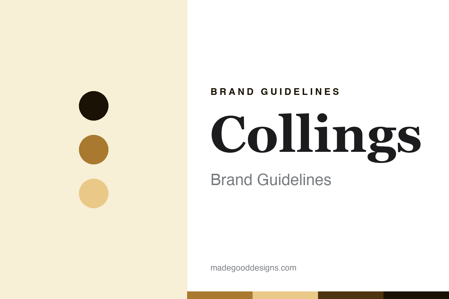 Collings brand guidelines cover, abstract colour discs and wood-grain texture in tobacco gold
