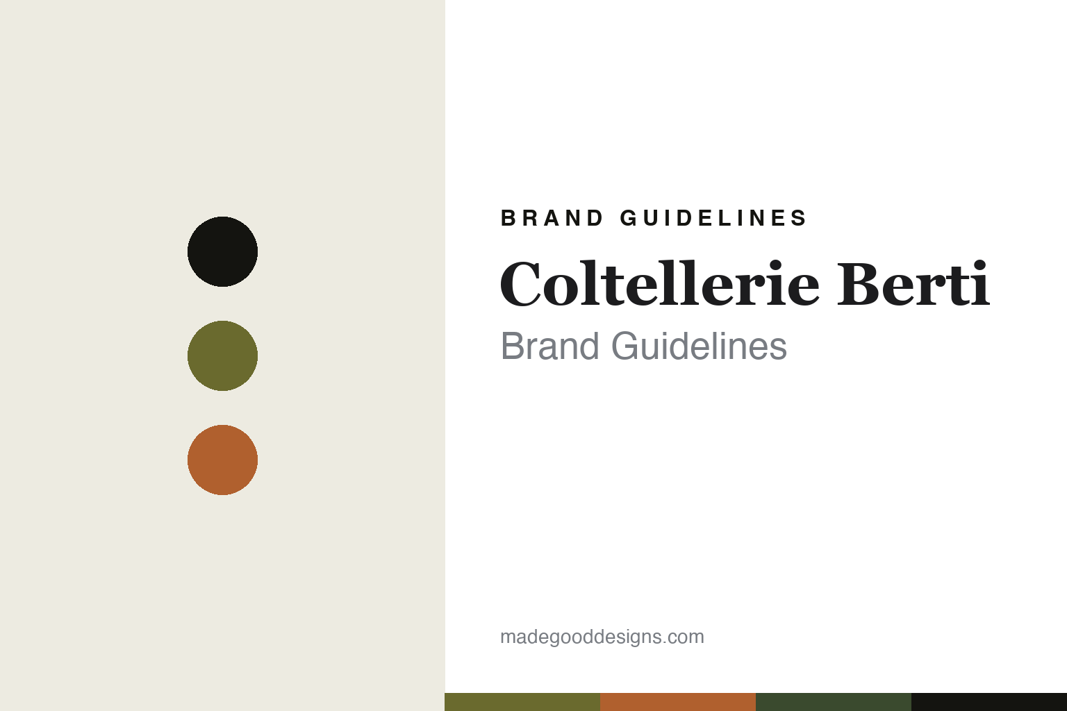Abstract olive and terracotta cover for a Coltellerie Berti brand guidelines design article (colour discs, not a knife)