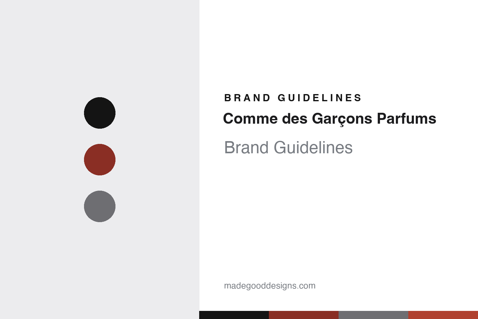 Abstract homage cover for Comme des Garçons Parfums brand guidelines — colour discs and swatches, not a Comme des Garçons asset