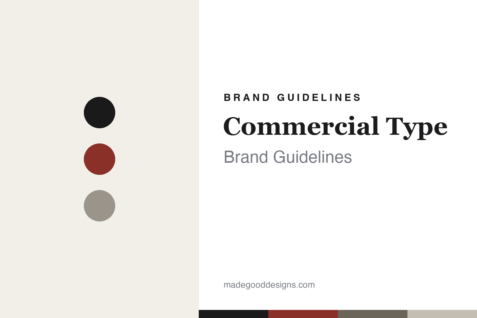 Commercial Type brand guidelines cover — ink, editorial-red and newsprint-grey discs (abstract homage)
