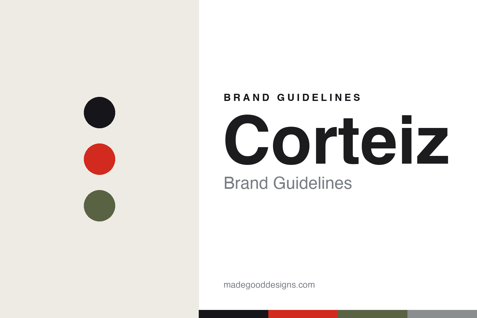Corteiz brand guidelines cover — ink, signal-red and army-green discs (abstract homage)