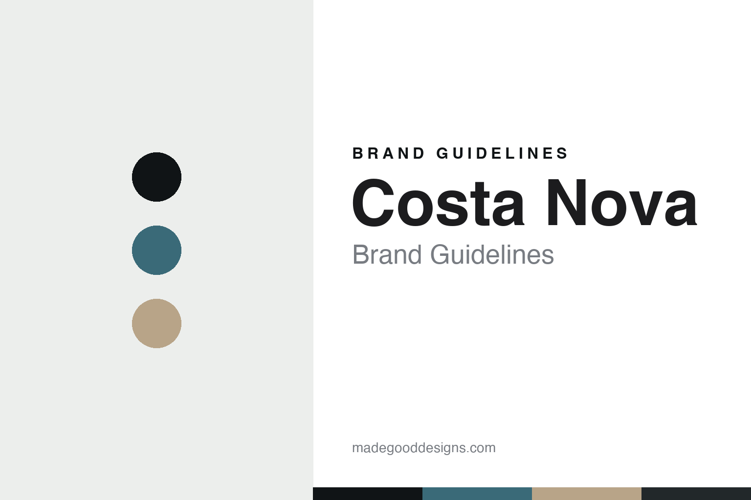Abstract homage cover for Costa Nova Brand Guidelines — sea blue, ink and sand discs and colour band; no glaze, pattern or wordmark reproduced.