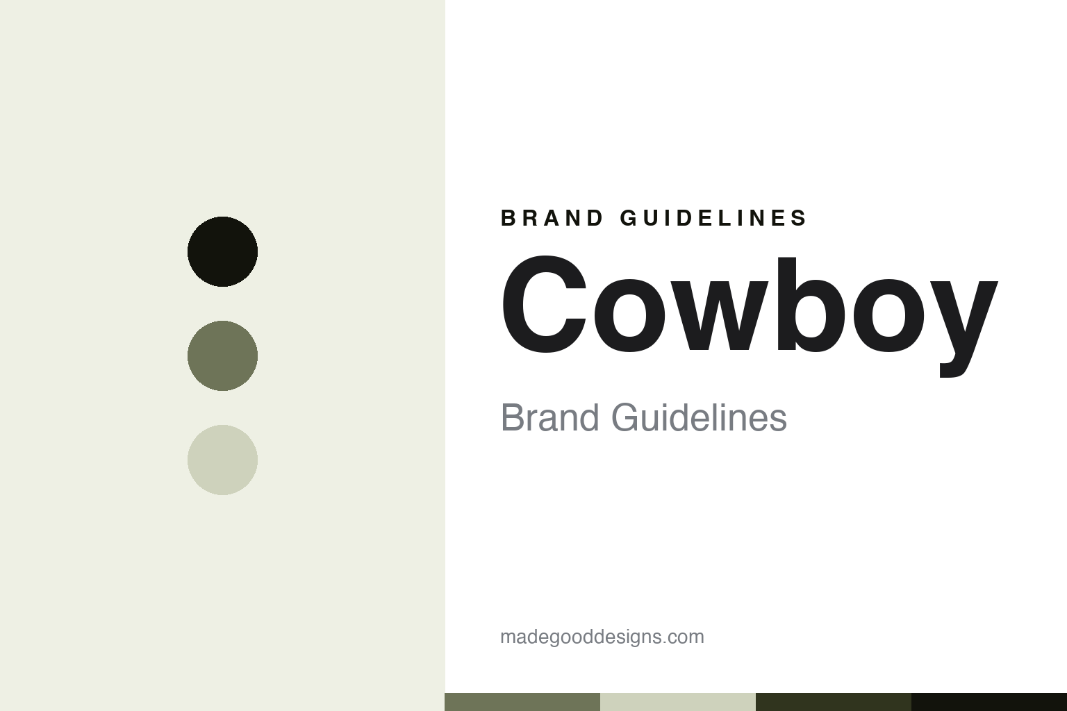 Abstract brand guidelines cover for Cowboy, taupe green colour discs with a frame and signal texture, an original homage with no bike or logo.
