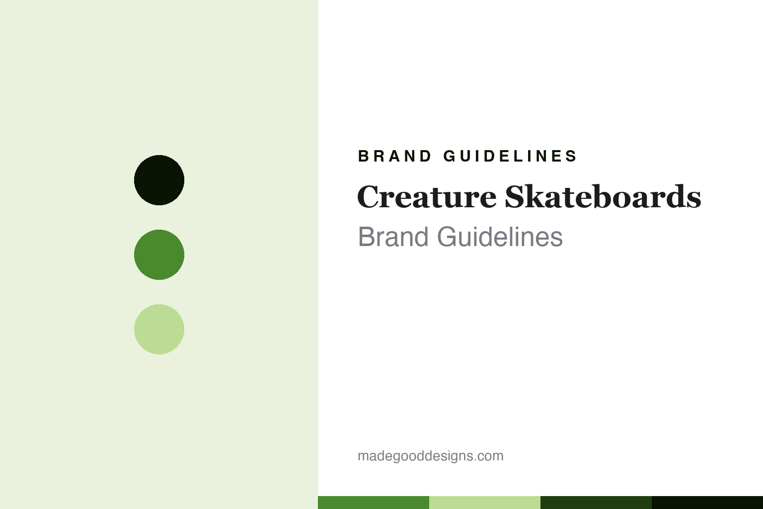 Creature Skateboards brand guidelines - abstract toxic-green colour discs and maple-veneer texture, an unofficial design homage